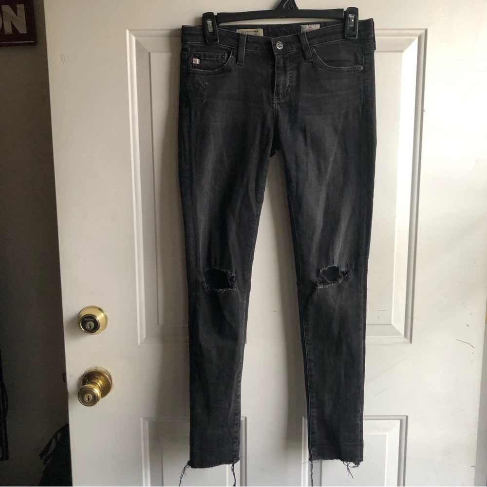 AG Adriano Goldschmied black distressed super skinny legging ankle jeans size 25